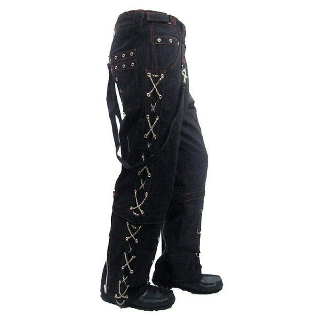 Metal Eyelet Studded Chains Zipper Emo Skater Pants with Red Stitching - Baggy Tripp Pants for Punk Fashion, Gothic Outfits & Streetwear Style