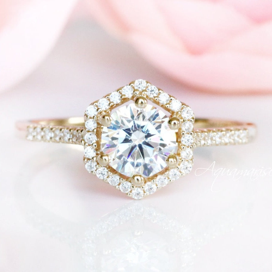 Hexagon Moissanite Engagement Ring for Women - 10K/14K/18K Solid Yellow Gold Wedding Band - Perfect for Proposals, Anniversaries & Bridal Jewelry