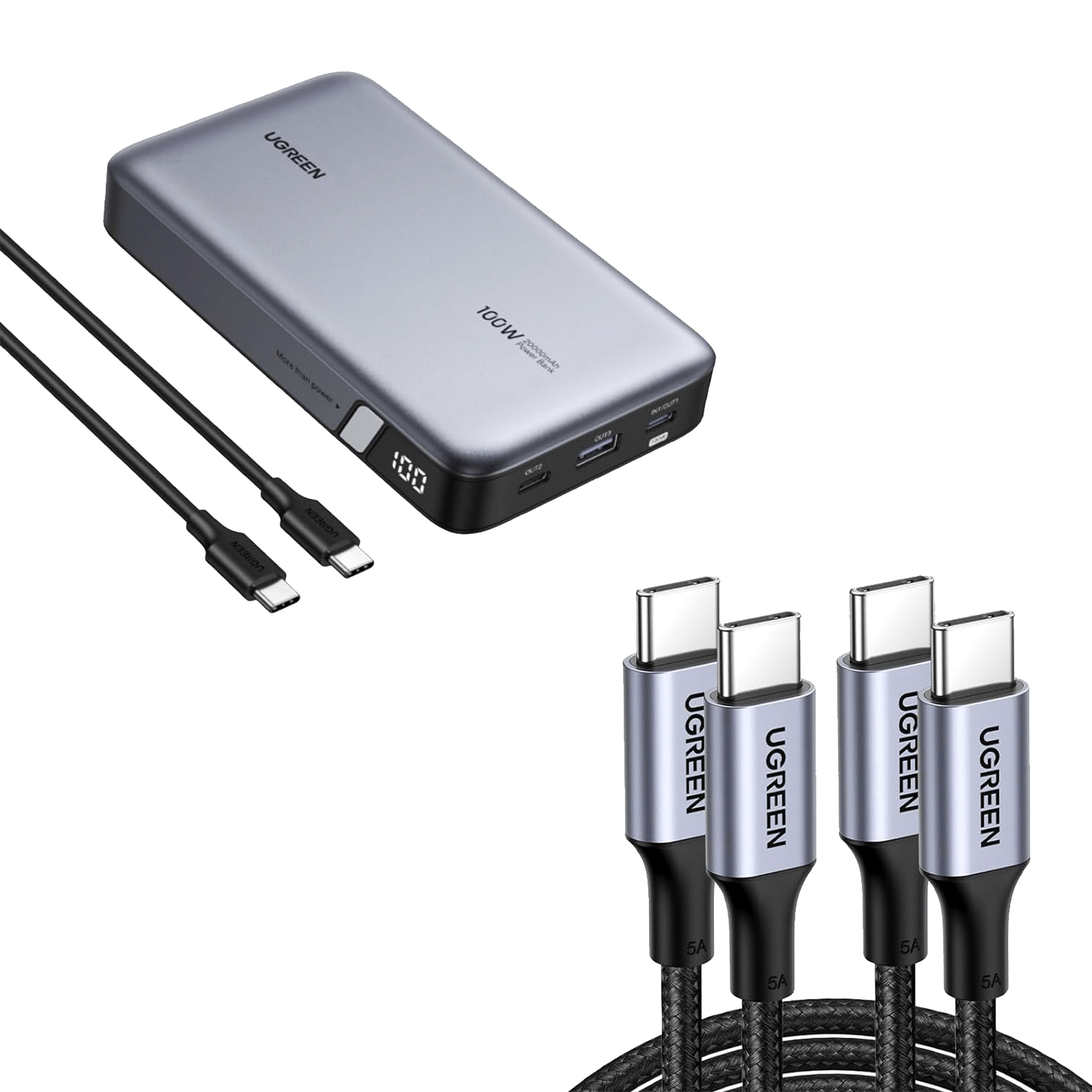 100W 20000mAh Portable Charger with 3.3FT 100W USB C Cable (2-Pack) - Fast Charging Power Bank for Travel, Camping & Emergency Backup