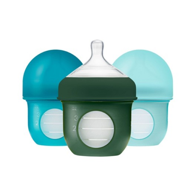 Boon Nursh 4oz Silicone Baby Bottle - 3 Pack (Blue & Dark Green) - Soft, BPA-Free, Easy to Clean - Perfect for Breastfeeding, Travel, and Daycare