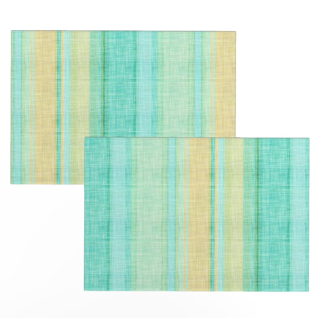 Spoonflower Linen Cotton Canvas Placemats Set of 2 - Beach Stripe Aqua Ocean Print Table Mats for Dining, Kitchen Decor, and Coastal Themed Parties | Waterproof & Washable