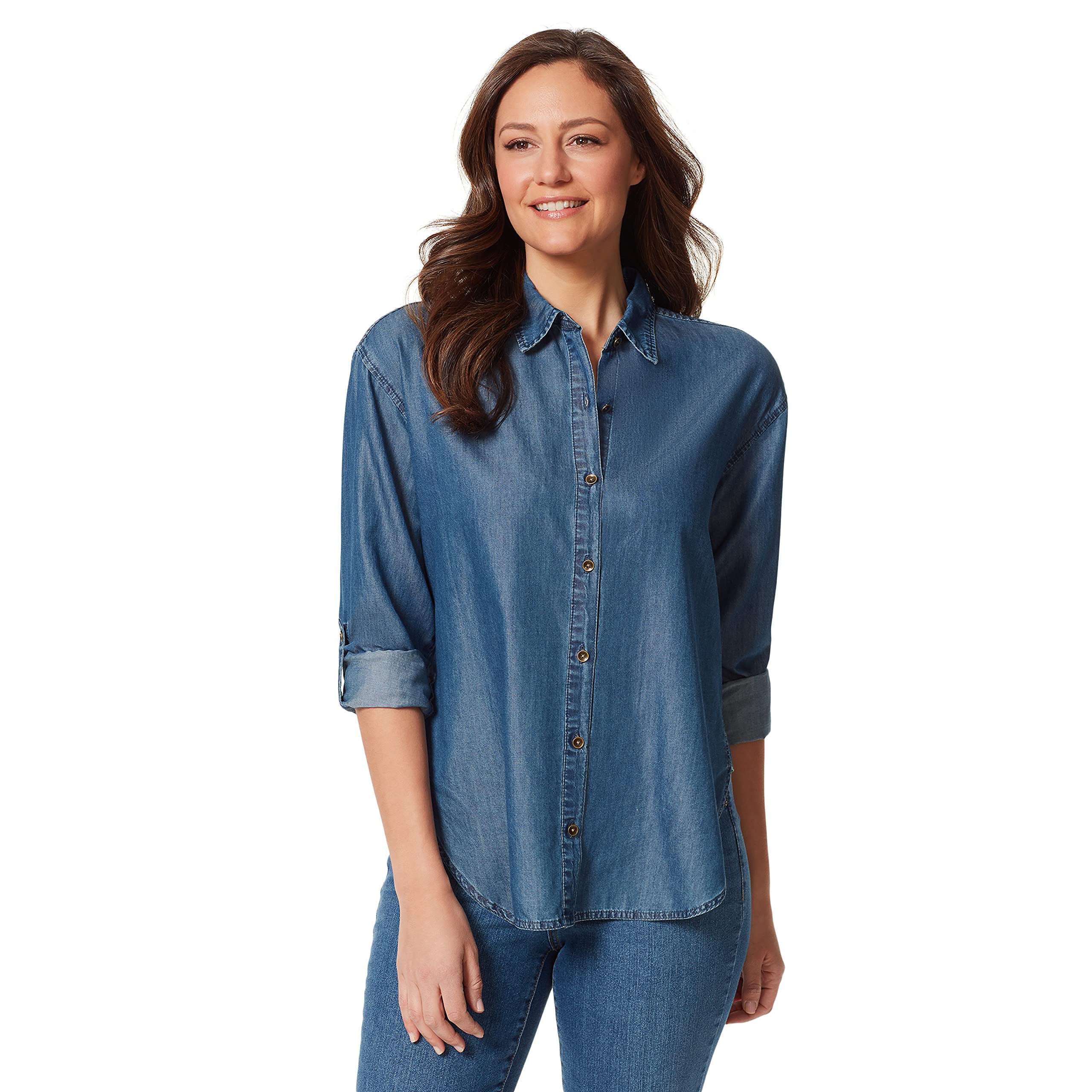 Gloria Vanderbilt Women's Amanda Monogram Button Down Shirt - Classic Casual Long Sleeve Blouse for Work, Office & Everyday Wear - Size Large, Michigan Blue