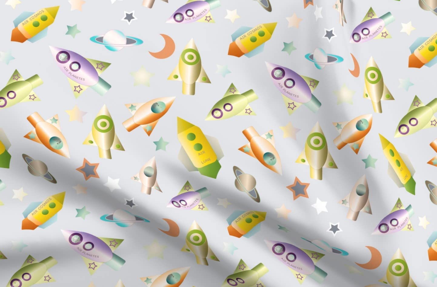 Rocketships Outer Space Exploration Kids Gender Neutral Science Planets Printed Denim Fabric Fat Quarter - Bottomweight Apparel & Home Decor Upholstery Material for DIY Crafts, Kids Room Decor, Space Themed Bedding