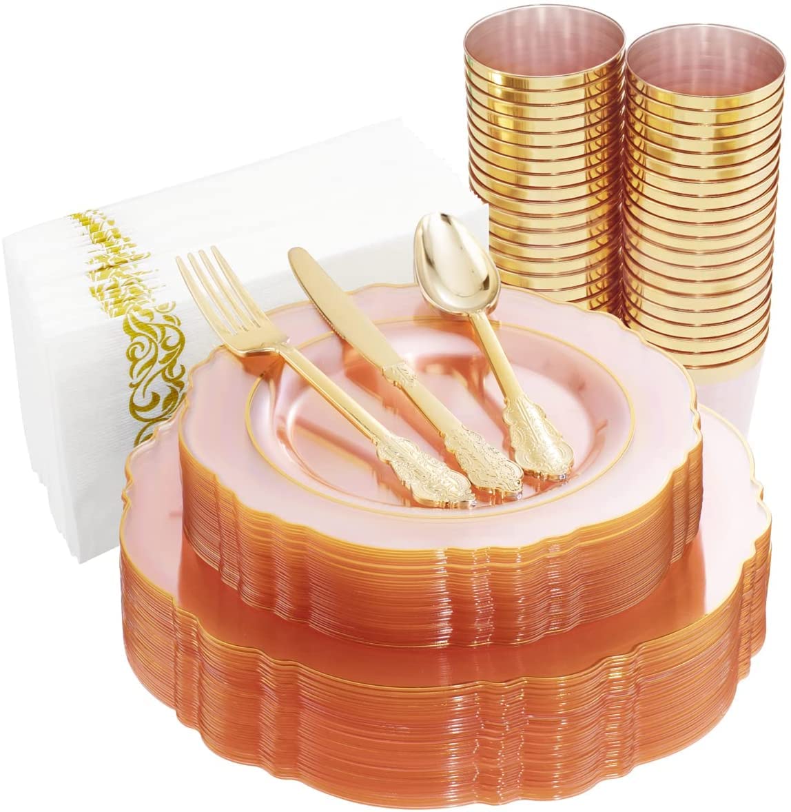 KIRE 30-Pack Clear Pink Plastic Plates with Gold Rim - 210 Pcs Elegant Disposable Dinnerware for Parties, Weddings & Special Events