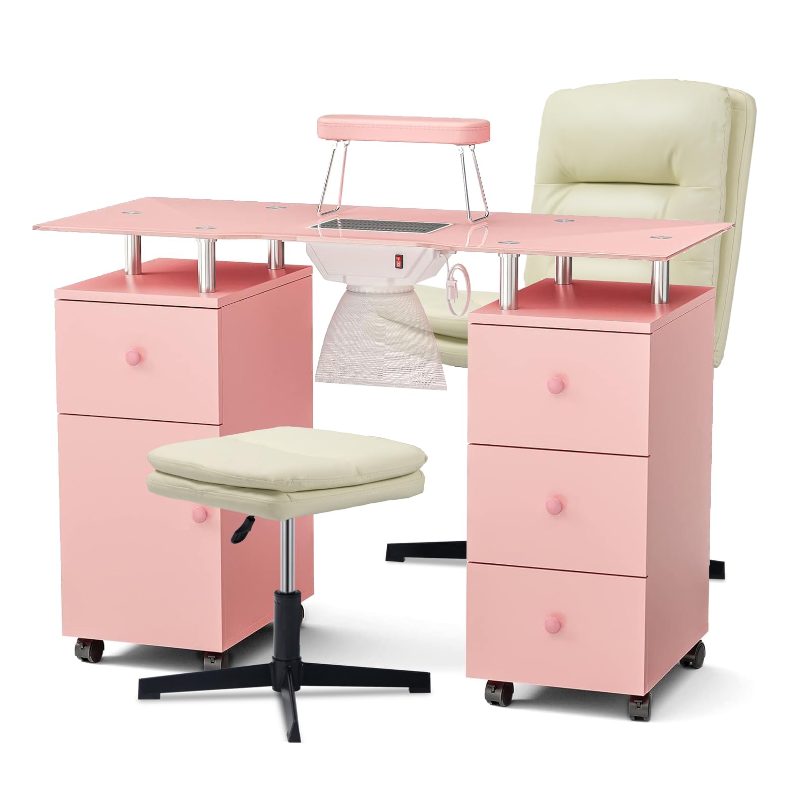 Premium 3-Piece Pink Nail Tech Table Set - Paddie Glass Top Manicure Station with Matching Chair & Ottoman for Salon Professionals | Perfect for Nail Art, Pedicures & Spa Treatments