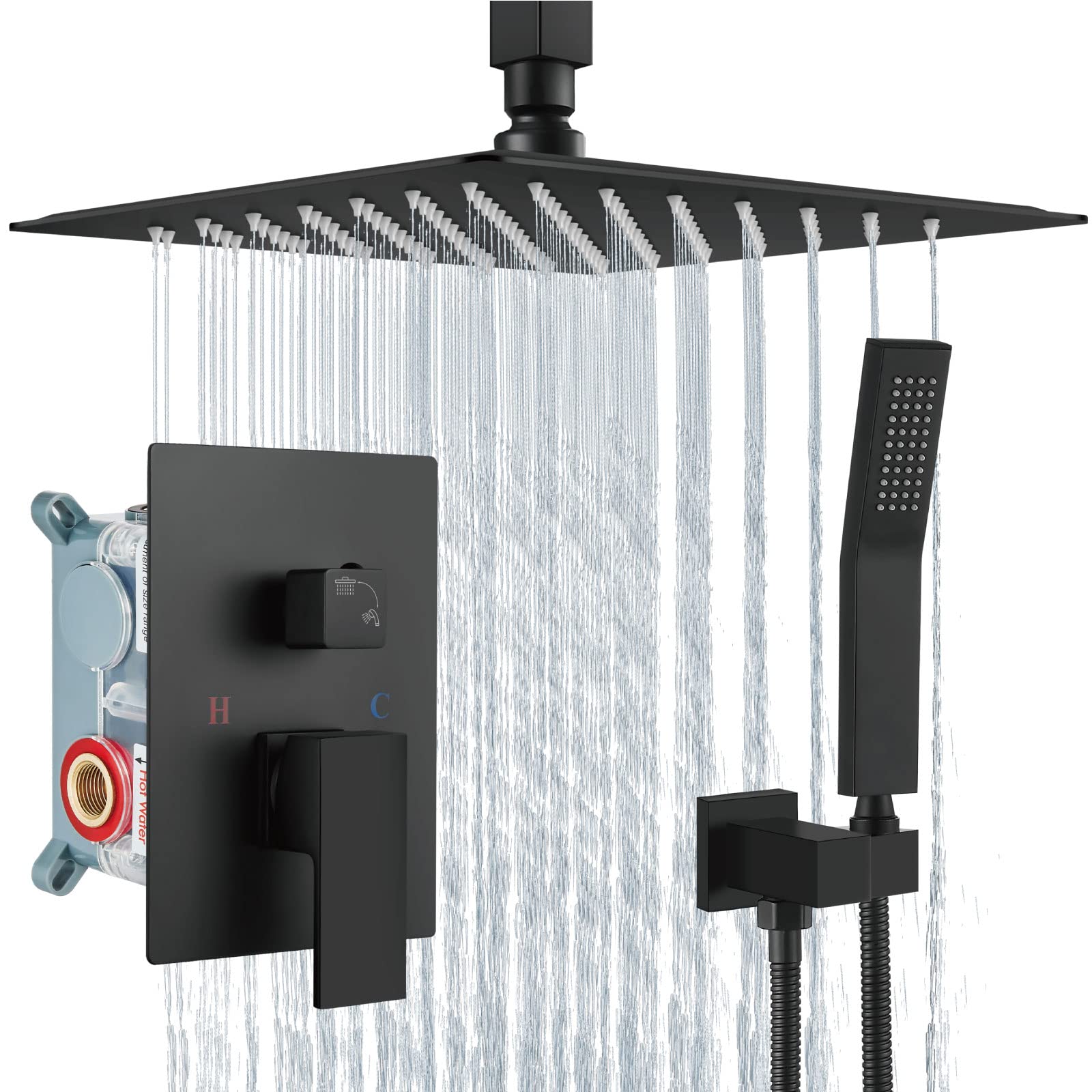 Aolemi 10 Inch Matte Black Ceiling Mount Rain Shower System with Handheld Spray - High Pressure Shower Faucet Set with Rough-in Valve & Trim Kit - Perfect for Modern Bathroom Renovation & Spa-Like Shower Experience