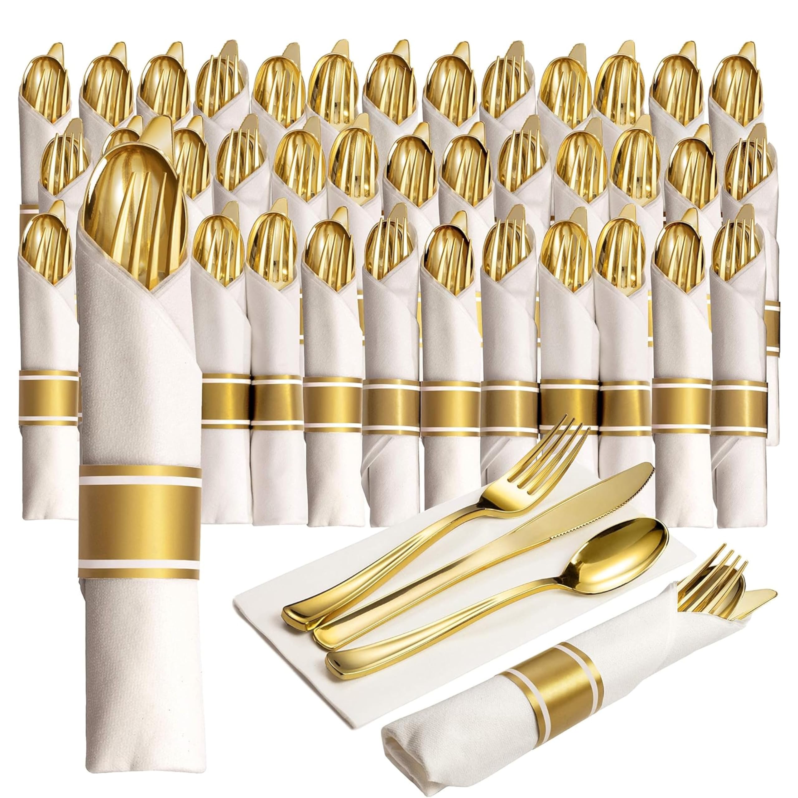 Premium 400-Piece Disposable Plastic Silverware Set - Gold & Silver Flatware with Forks, Knives, Spoons & White Napkins for 100 Guests | Perfect for Weddings, Parties, Holidays & Catering Events