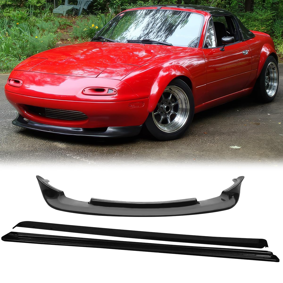 1990-1997 Mazda Miata Front Bumper Lip & Side Skirts - Flexible Polyurethane (PU) Unpainted Black Exterior Auto Parts - Perfect for Car Customization & Performance Upgrades