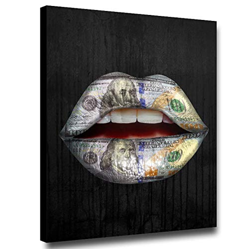 Silver Gold Dollar Bill Lips Black Background Canvas Print - Modern Wall Art Painting for Living Room, Bedroom, Bathroom & Office - Wooden Framed 28x40 Inches - Perfect for Home Decor, Gifts & Interior Design