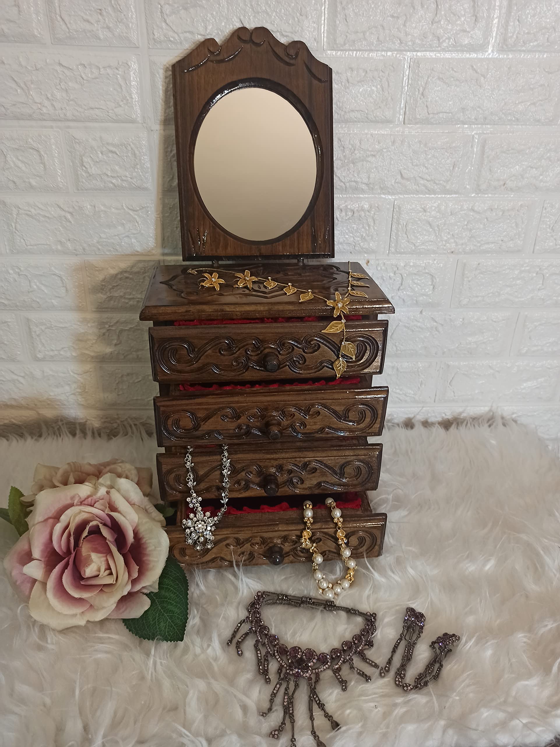 Handmade Walnut Jewelry Organizer Box with Mirror - Wooden Drawer Jewelry Storage Box for Women - Jewelry Organizer Container with Multi-Compartment Design - Perfect for Necklace, Ring & Earring Storage - Great for Bedroom Vanity, Dresser Top or Travel Jewelry Case