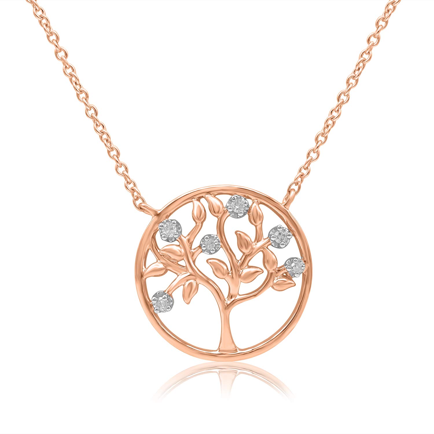 0.03 Carat Natural Round Diamond Tree of Life Pendant Necklace for Women - 10K Rose/Yellow/White Gold (G-H Color, I2-I3 Clarity) - Perfect Anniversary, Birthday Gift for Her - Elegant Jewelry for Weddings, Date Nights & Special Occasions
