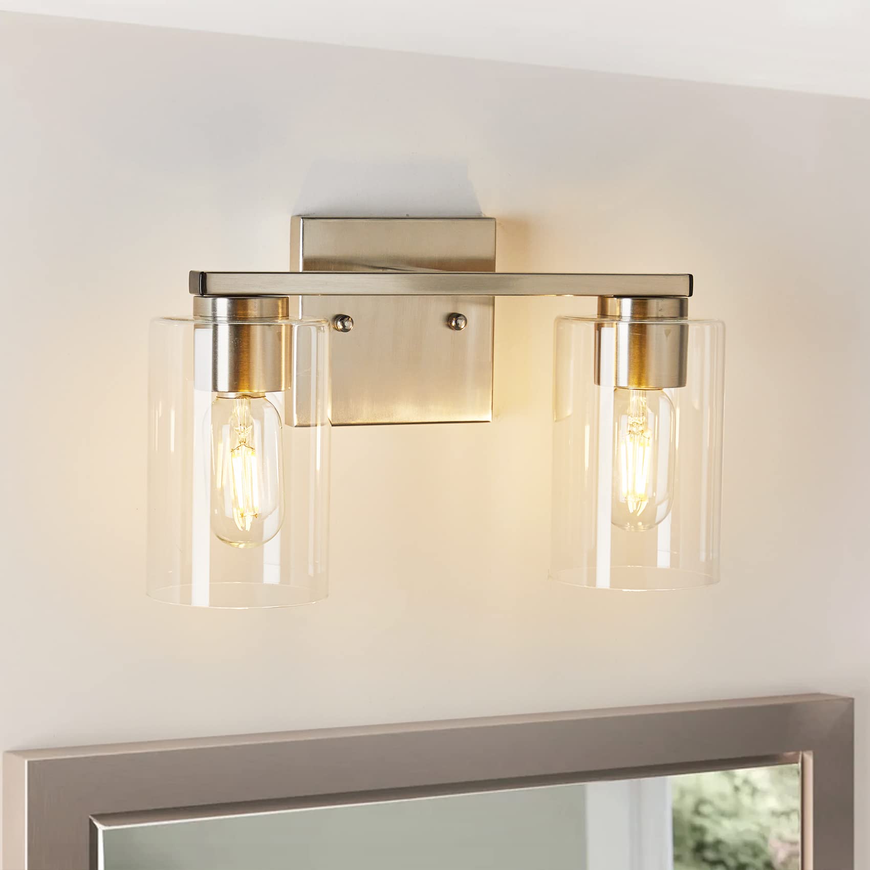 Brushed Nickel 2-Light Vanity Fixture - Modern Bathroom Wall Light with Clear Glass Shade for Mirror, Bedroom & Living Room | Dimmable LED Lighting for Makeup Vanity, Dresser & Hallway Decor