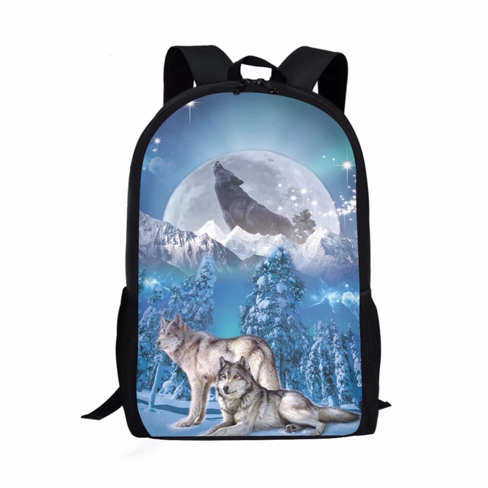 Dolyues 17 Inch Kids Backpack for School - Howling Wolf Winter Snowy Forest Print Bookbag, Girls Travel Backpack, Daypack Rucksack for Children (Blue) - Perfect for School, Travel & Outdoor Adventures