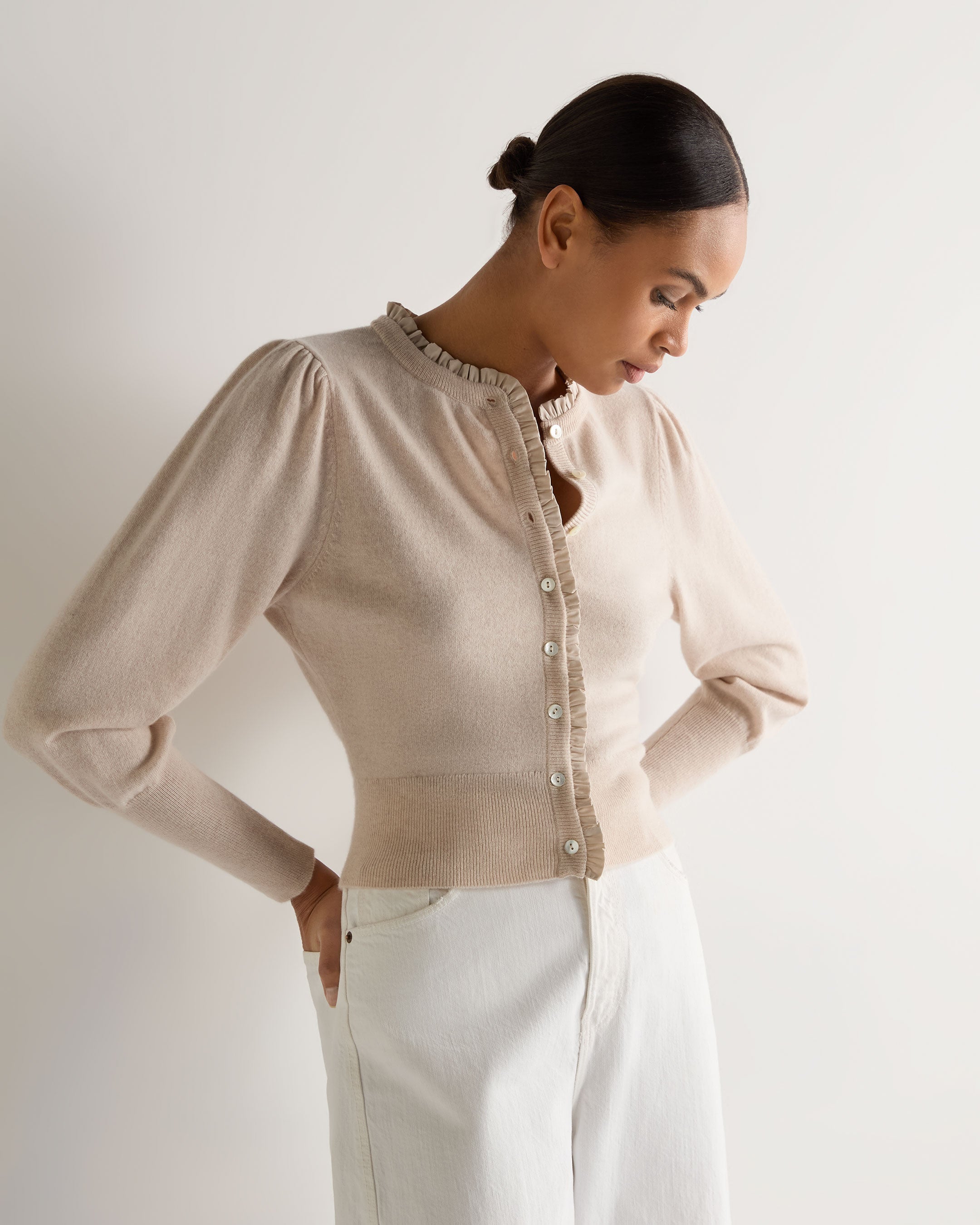 Luxury Women's Ruffle Trim Cashmere Cardigan Sweater - Soft Warm Winter Knitwear (Ecru White) | Perfect for Office, Date Night & Holiday Outfits