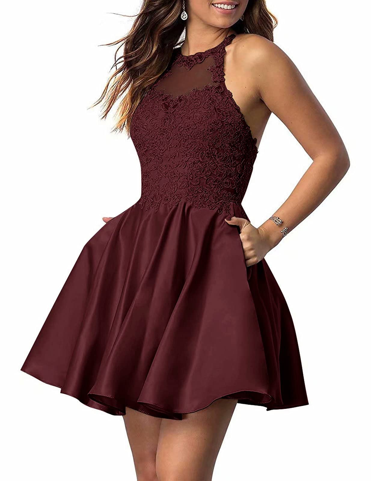 Burgundy Halter Applique Sleeveless Homecoming Dress for Women Size 10 - Junior Party Dress with Pockets | Perfect for Prom, Formal Events & Special Occasions