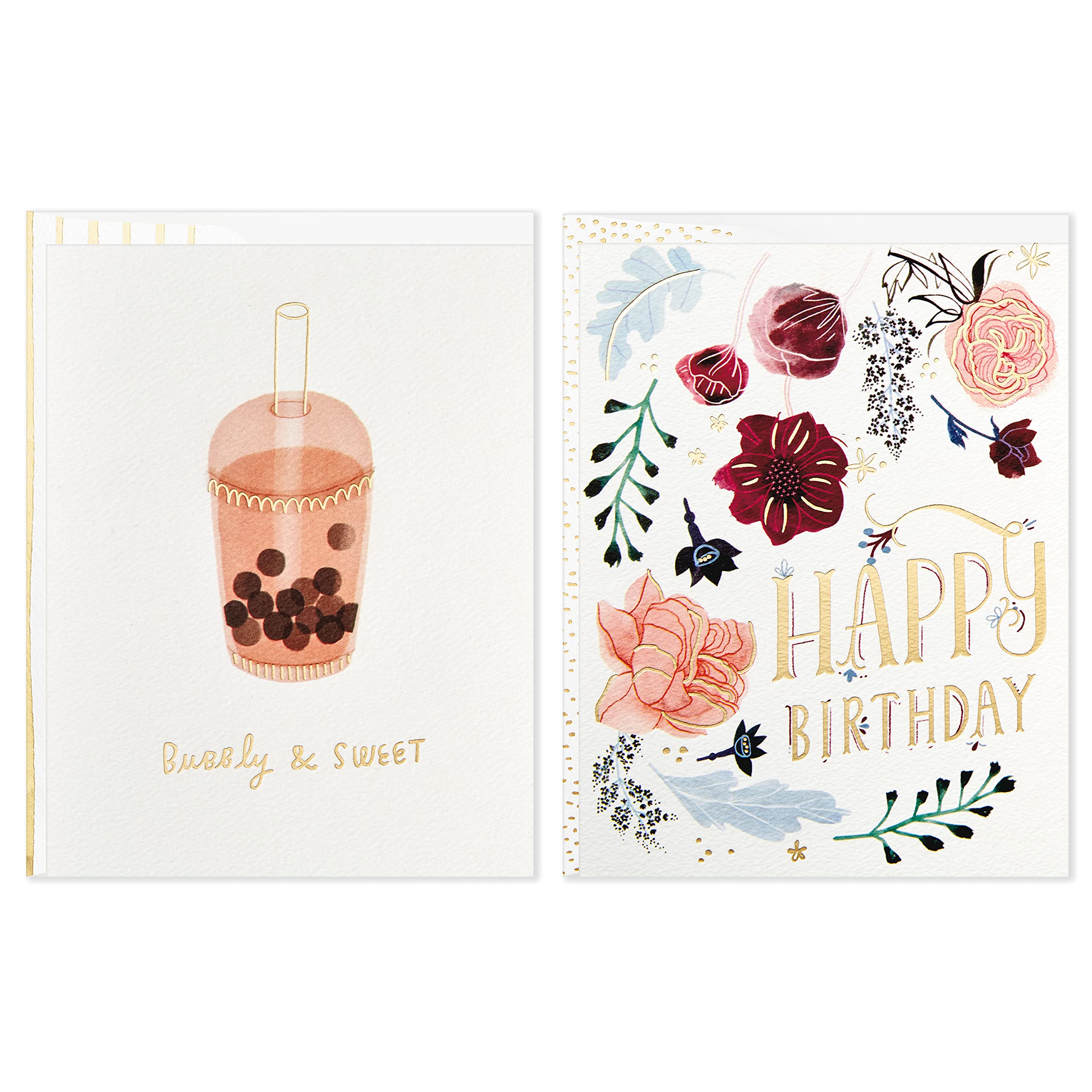 Hallmark Good Mail Pack of 2 Birthday Cards for Women - Bubble Tea & Floral Designs - Perfect for Friends, Sisters & Coworkers - Thoughtful Greeting Cards for Birthdays & Special Occasions
