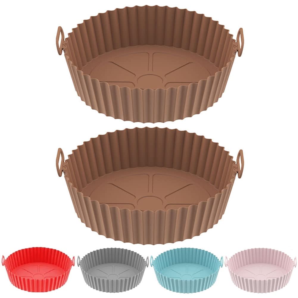 2-Pack Air Fryer Silicone Baking Trays & Filters - Round Non-Stick Liners for 3.6-6.8QT Air Fryers (Brown) - Perfect for Healthy Cooking, Roasting Vegetables & Baking Snacks