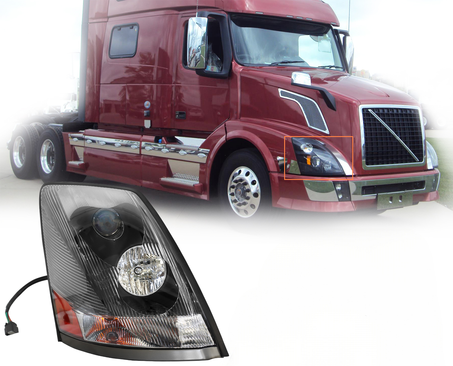 2004-2017 Volvo VNL Black Headlight Assembly - Right Passenger Side with Halogen Bulbs | Replacement for Night Driving & Truck Lighting Upgrade