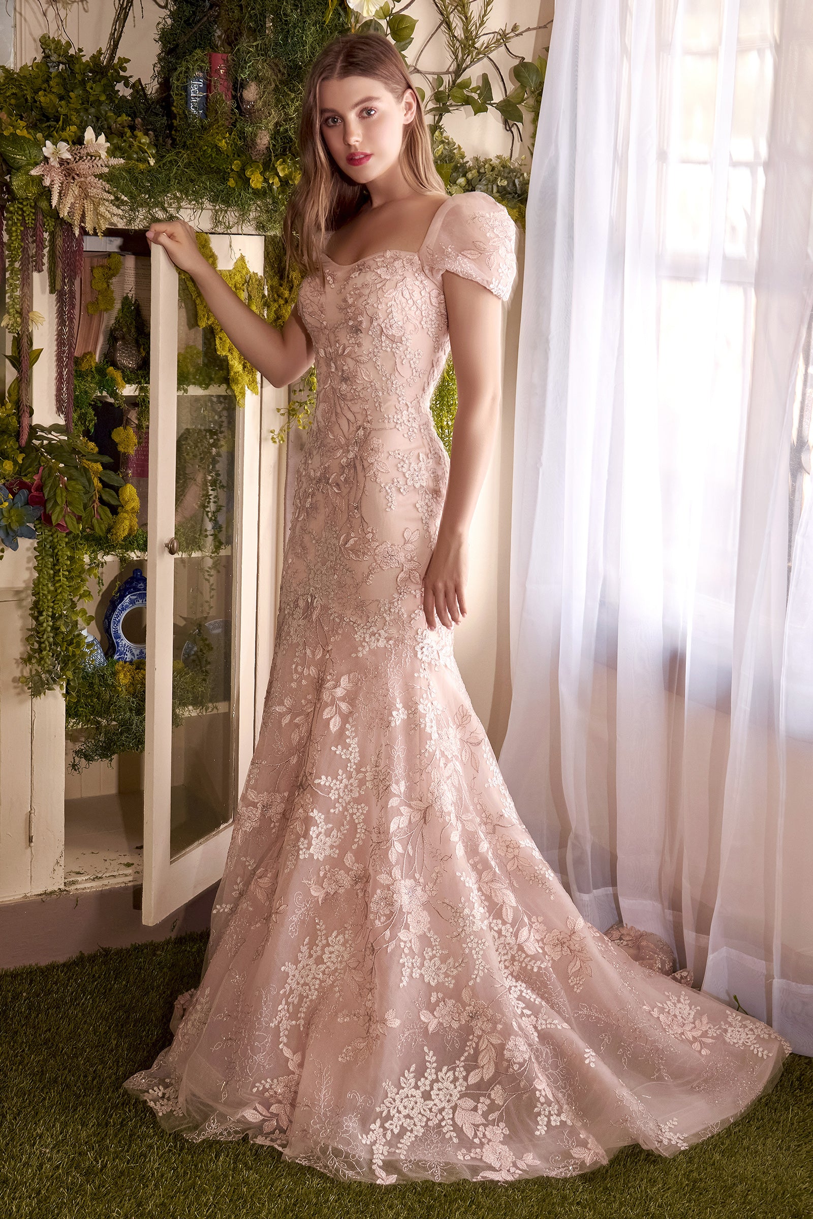 Andrea & Leo Blossom Lace Puff Sleeve Gown A1025 - Elegant Floral Lace Evening Dress for Women, Perfect for Weddings, Prom & Special Occasions