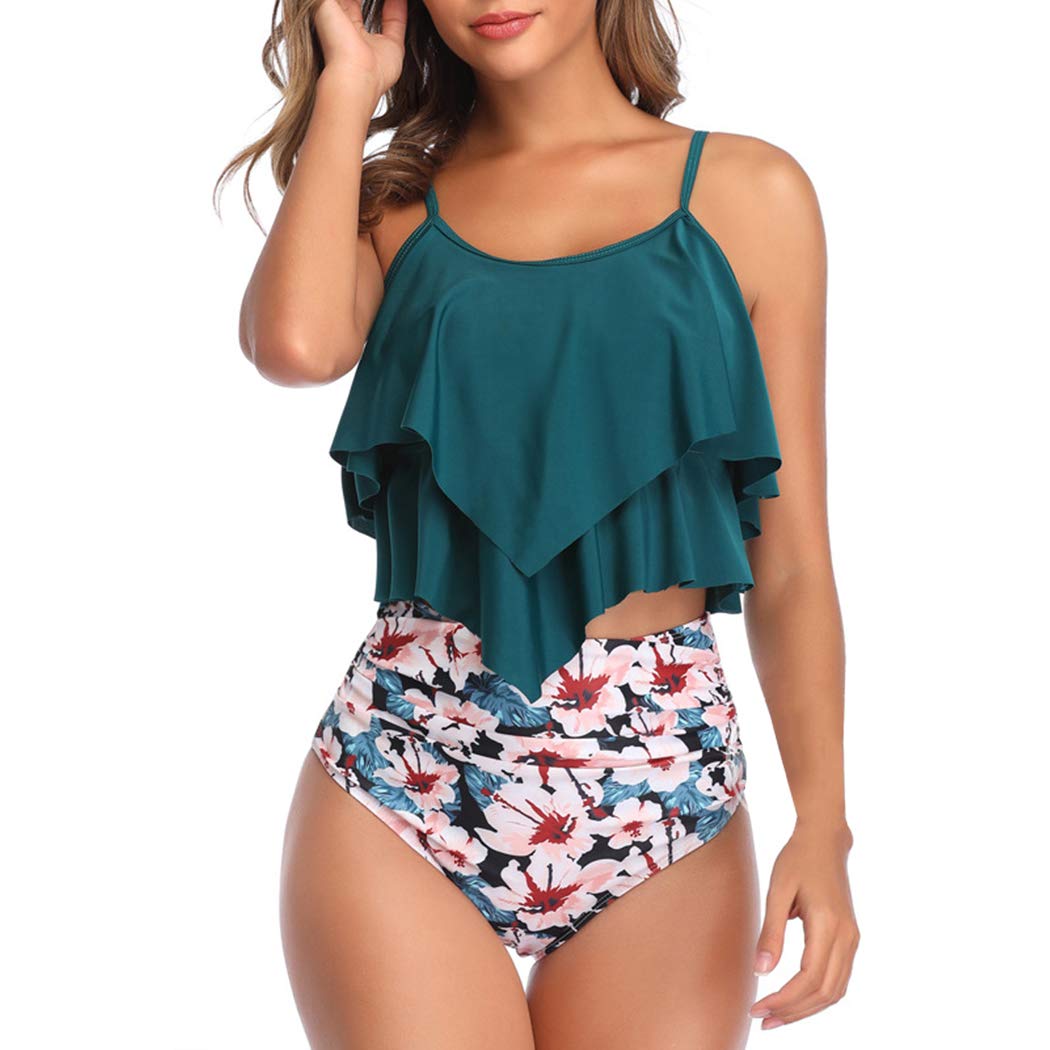 VeMee Women's High Waisted Tankini Swimsuits 2-Piece Bikini Set with Tummy Control & Ruffles - 2025 Trendy Bathing Suits for Beach, Pool & Vacation