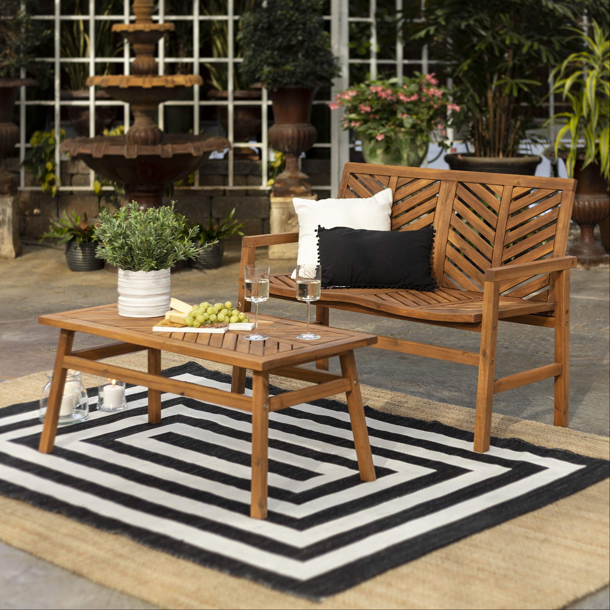 Walker Edison 2-Piece Outdoor Wood Chevron Patio Furniture Set - All-Weather Loveseat & Coffee Table for Backyard, Garden, Poolside, Balcony - Brown (Perfect for Outdoor Relaxation & Entertaining)