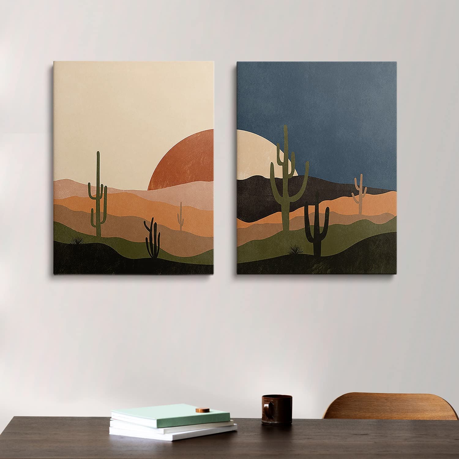 GUBIYU Boho Canvas Wall Art Set of 2 - Sun and Moon Abstract Prints (28x40 Inches) | Mid Century Modern Botanical Decor for Bedroom & Living Room | Desert Theme Wall Hangings Perfect for Home, Office & Nursery Decor