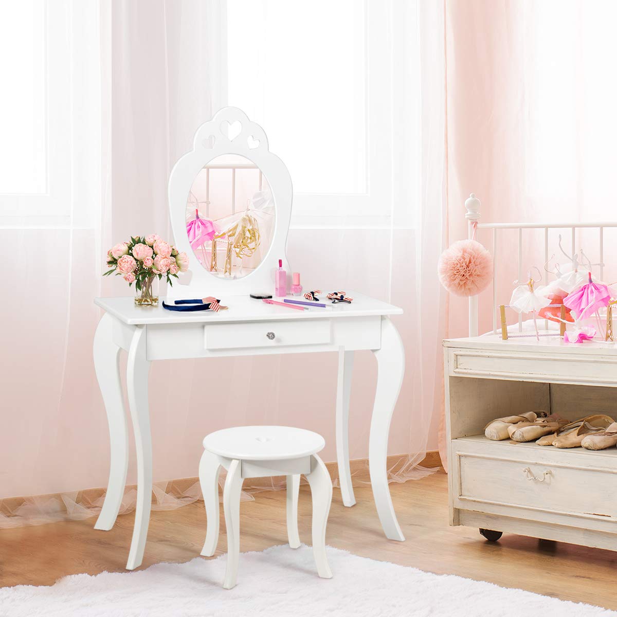 Costzon Kids Vanity Set with Mirror & Stool, 2-in-1 Wooden Princess Makeup Dressing Table with Detachable Top & Drawer, Pretend Play Vanity for Little Girls (White) - Perfect for Birthday Gifts, Bedroom Decor & Role Play Fun