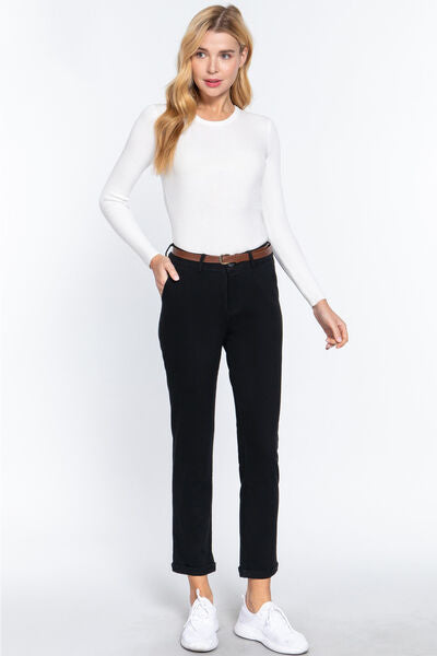 Active Basic Cotton Span Twill Straight Pants for Women - Comfortable Casual Trousers for Work, Travel & Everyday Wear