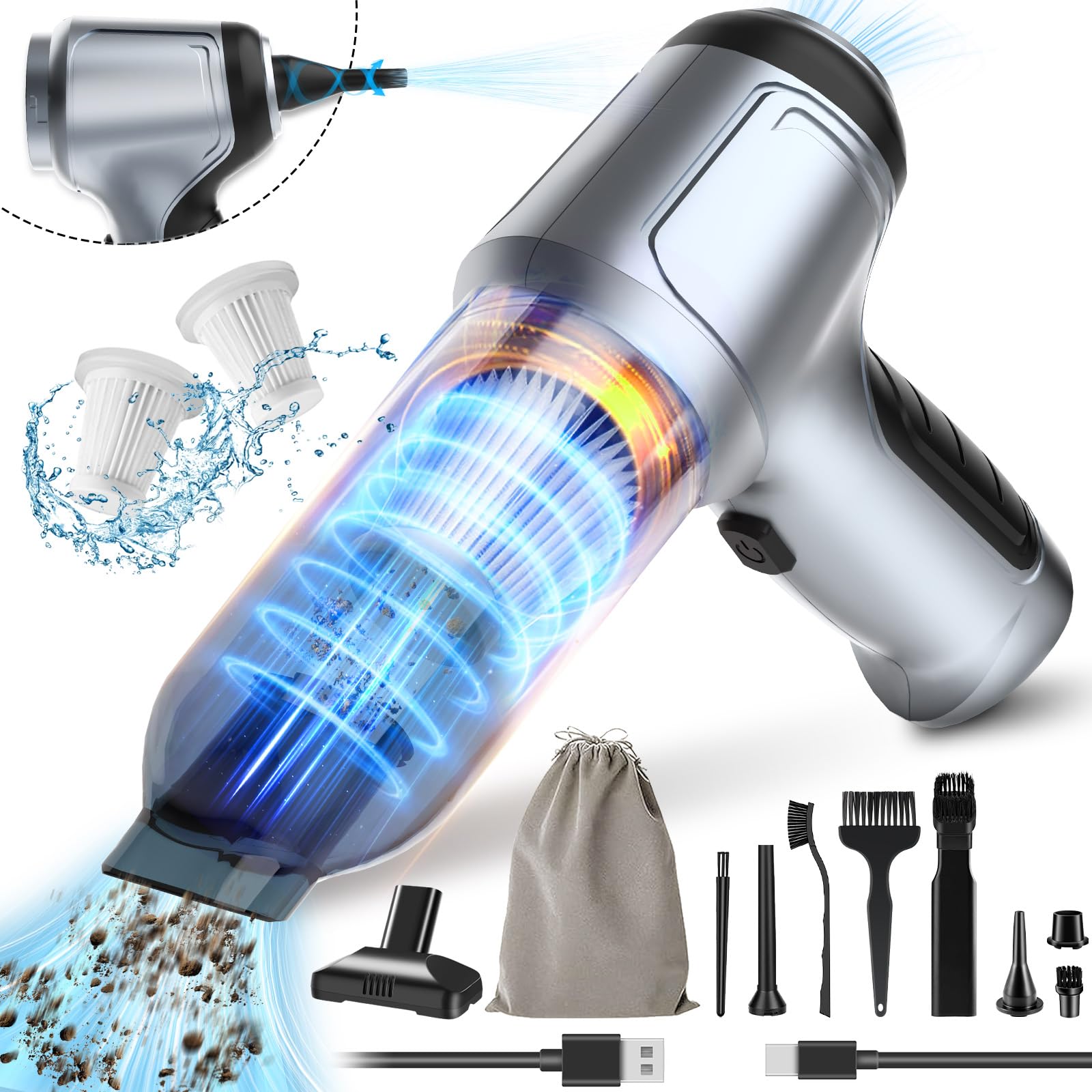 3-in-1 Portable Car Vacuum Cleaner - 12000Pa High Power Wireless Handheld Vacuum with Rechargeable Brushless Motor & Compressed Air Duster | Perfect for Car Detailing, Home Cleaning & Office Desktop Maintenance