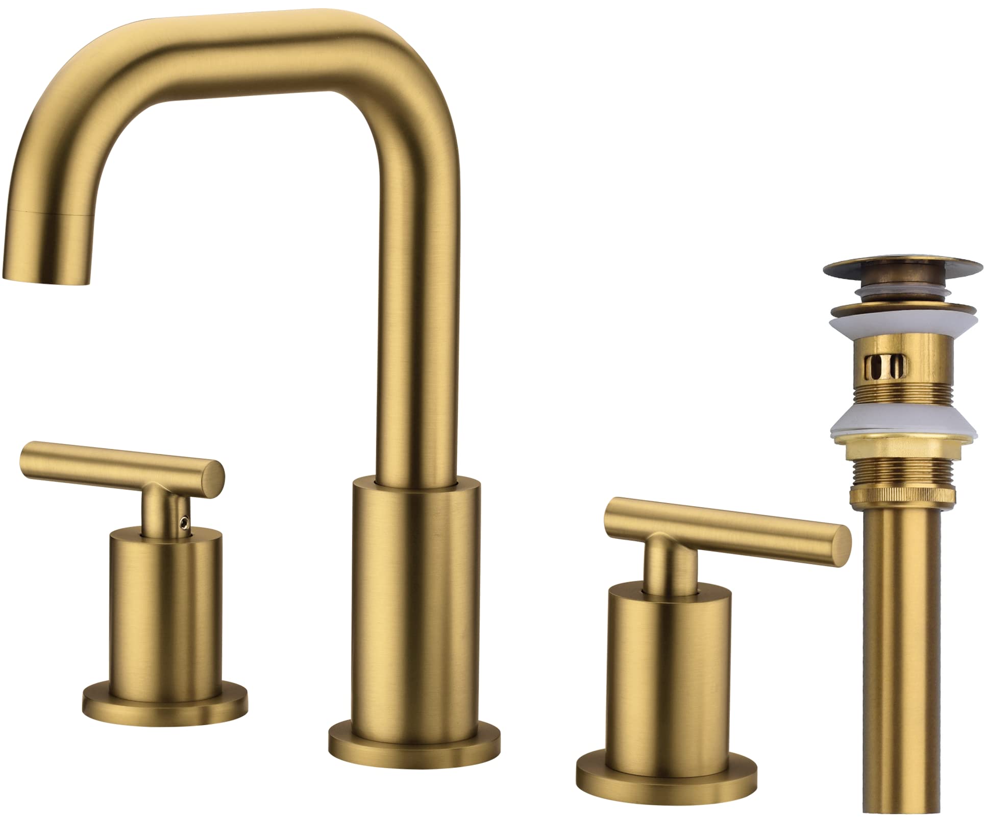 TRUSTMI 8 Inch Widespread Bathroom Faucet - 2 Handle Brushed Brass Gold Vanity Sink Faucet with Metal Overflow Drain & cUPC Water Supply Lines - Perfect for Modern Bathroom Renovation and Home Upgrade