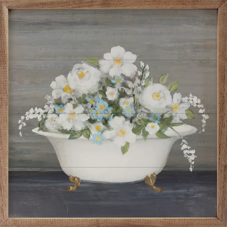 Blooming Bath Wood Framed Print - Floral Bathroom Wall Art Decor for Home, Spa & Hotel | Perfect for Bathroom, Bedroom & Living Room Decor