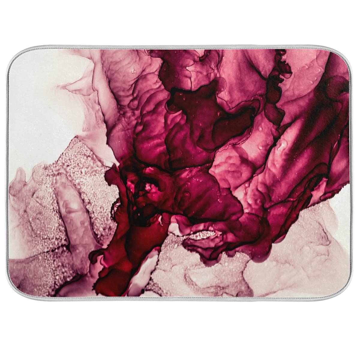 Premium Burgundy Marble Pattern Dish Drying Mat - Ultra Absorbent Kitchen Countertop Mat with Hanging Loop, Heat Resistant Non-Slip Drying Pad (18
