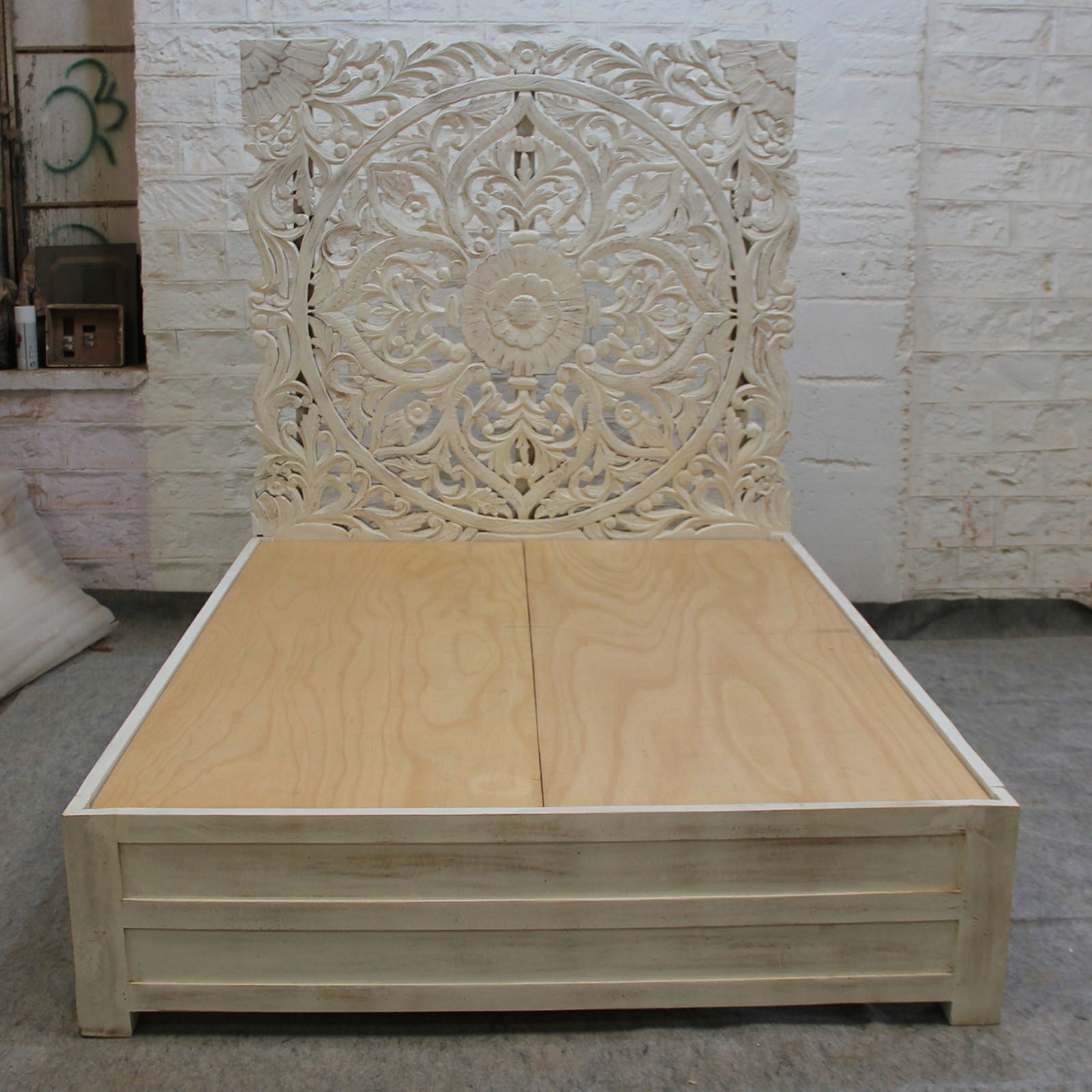 Handcrafted Dynasty Carved Queen Size Bed Frame - Solid Wood, Natural Finish - Perfect for Master Bedroom, Guest Room & Luxury Home Decor