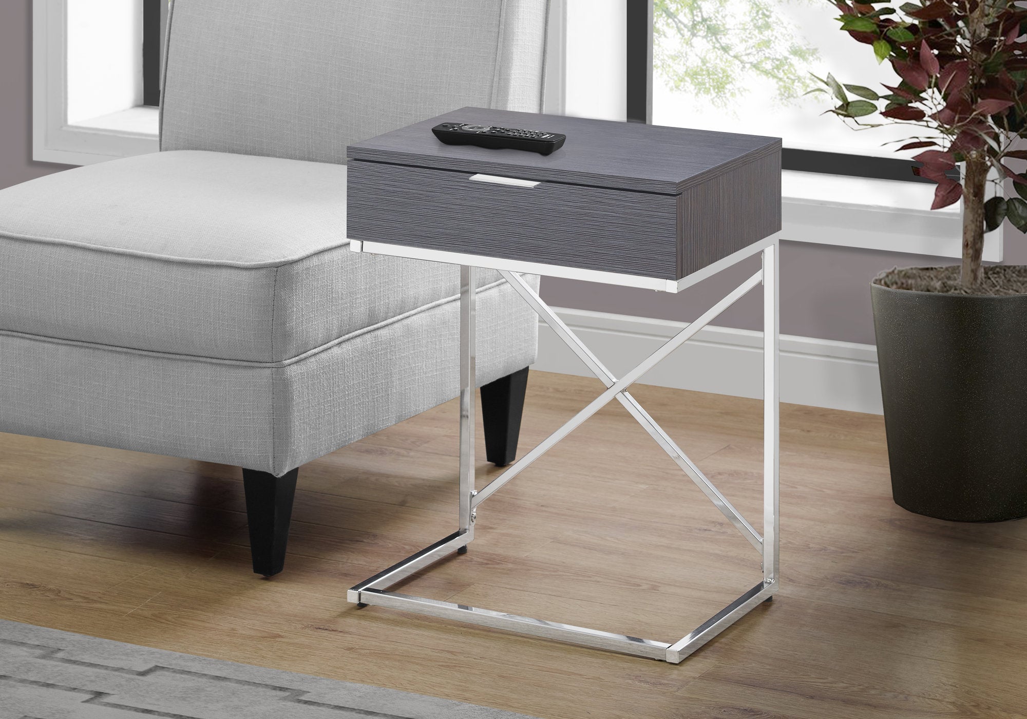 Modern Accent Table - 24 Inch Round Side Table in Grey with Chrome Metal Base | Perfect for Living Room, Bedroom, or Office Decor