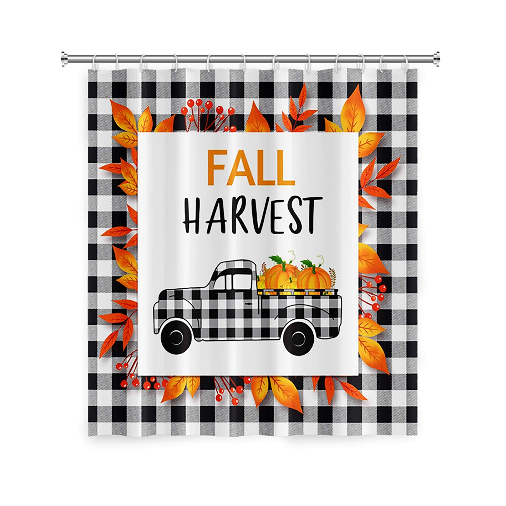 Yeele Halloween Shower Curtain - Black White Plaid Waterproof Bathroom Decor with Pumpkin Maple Leaf Flower Truck Design (72x72 inches) - Perfect for Spooky Bathroom Makeovers, Halloween Party Decor & Fall Home Decor