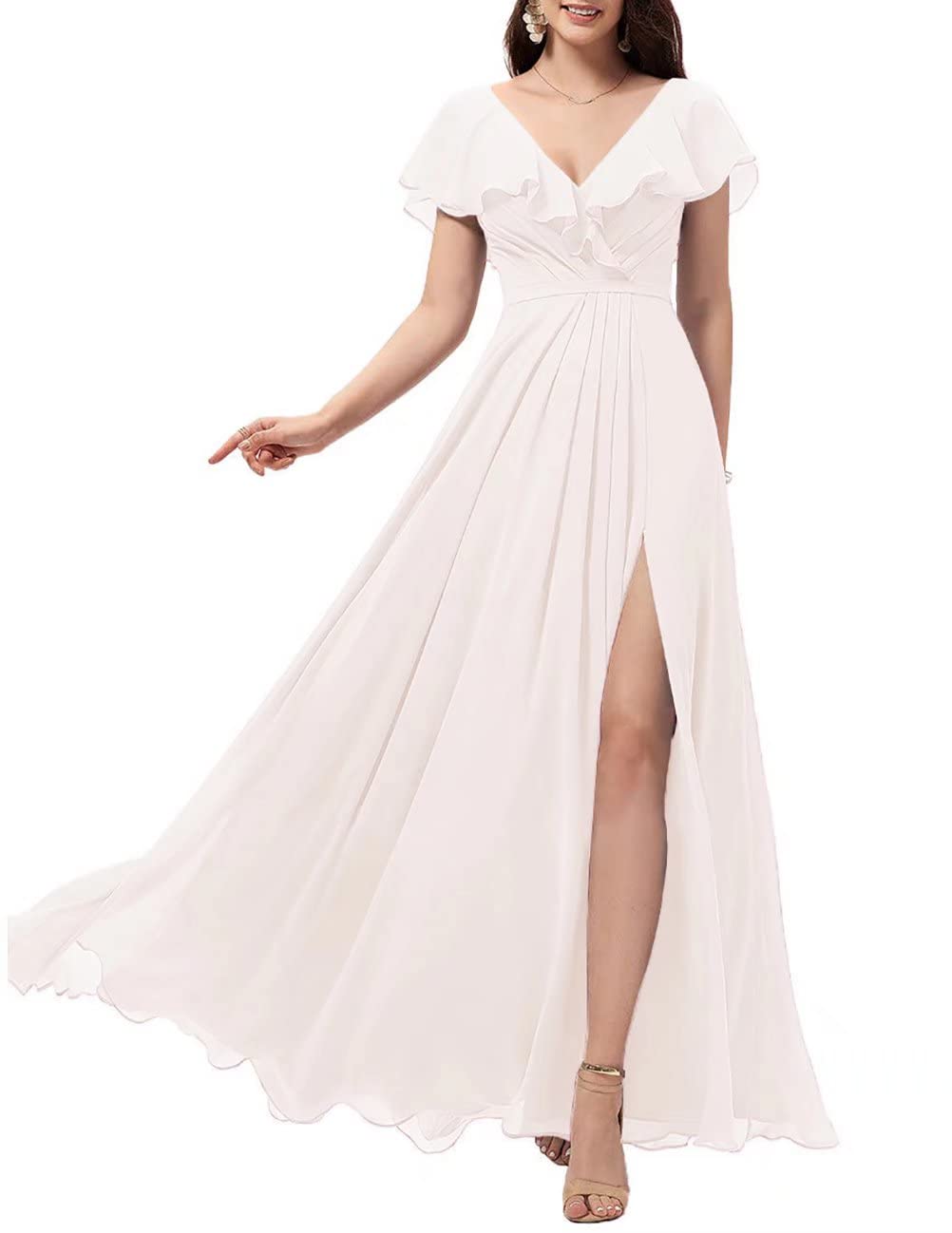 SoDigne Women's Long Chiffon Formal Dress with Ruffle Sleeves & V-Neck Slit - Elegant Bridesmaid, Evening Party Gown for Weddings, Prom & Special Occasions