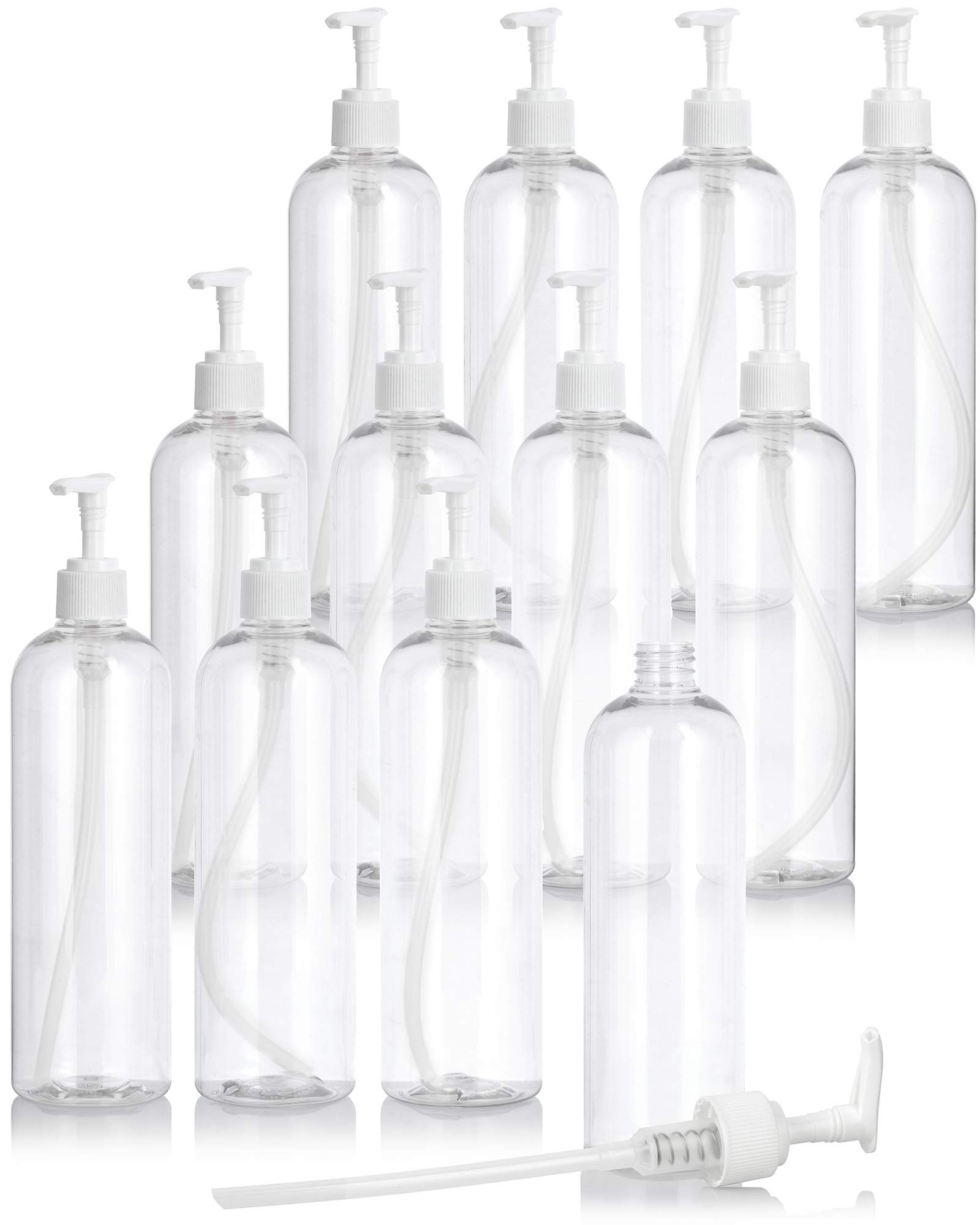 JUVITUS 16 oz / 500 ml Clear Plastic PET Slim Cosmetic Bottles (12 Pack) - BPA Free Round Containers with White Lotion Pump Dispenser for Shampoo, Lotion & Skincare Products | Travel & Salon Use
