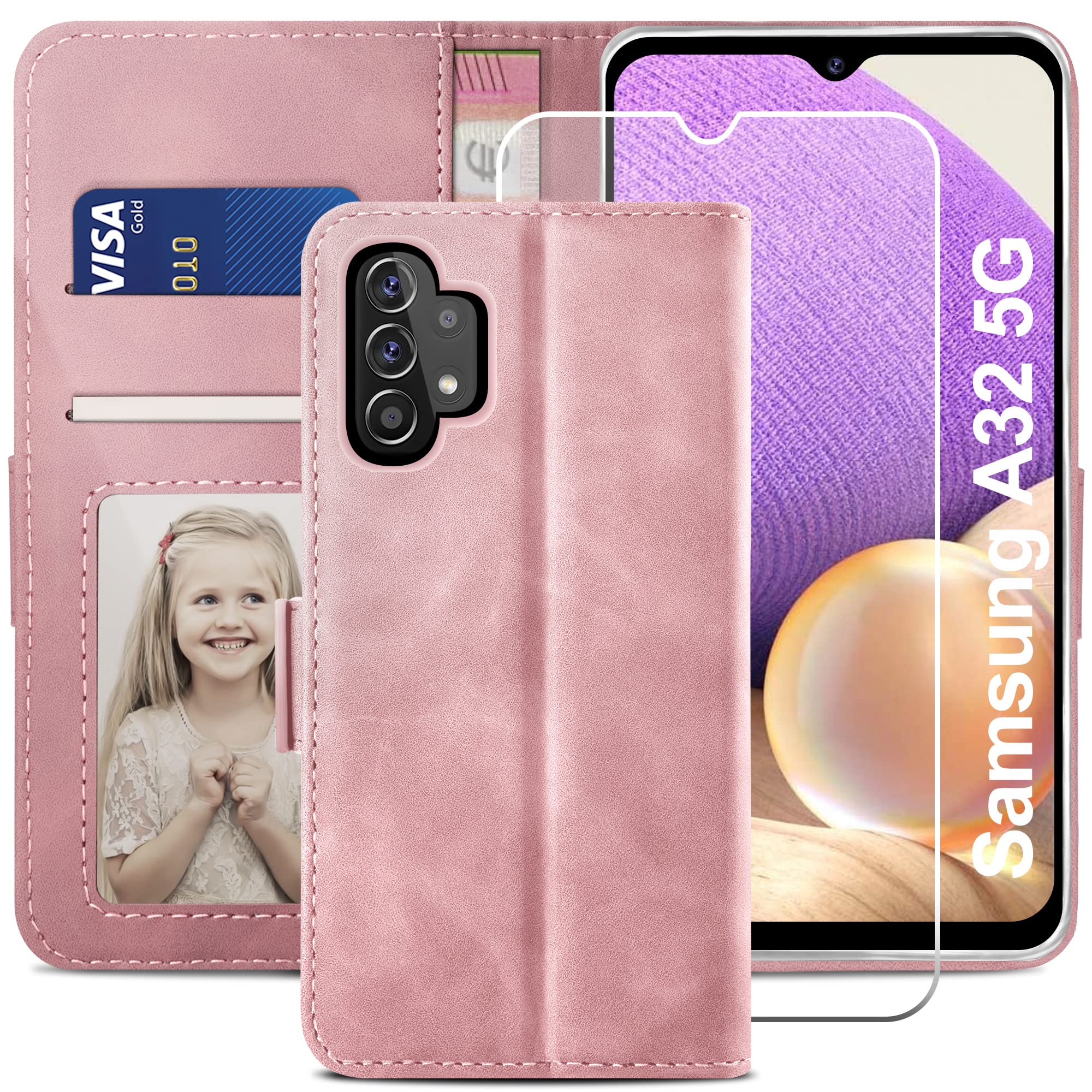 YATWIN Magnetic Leather Wallet Case for Samsung Galaxy A32 5G - Shockproof Flip Cover with Card Holder & Kickstand (Pink) | Perfect for Business, Travel & Everyday Protection