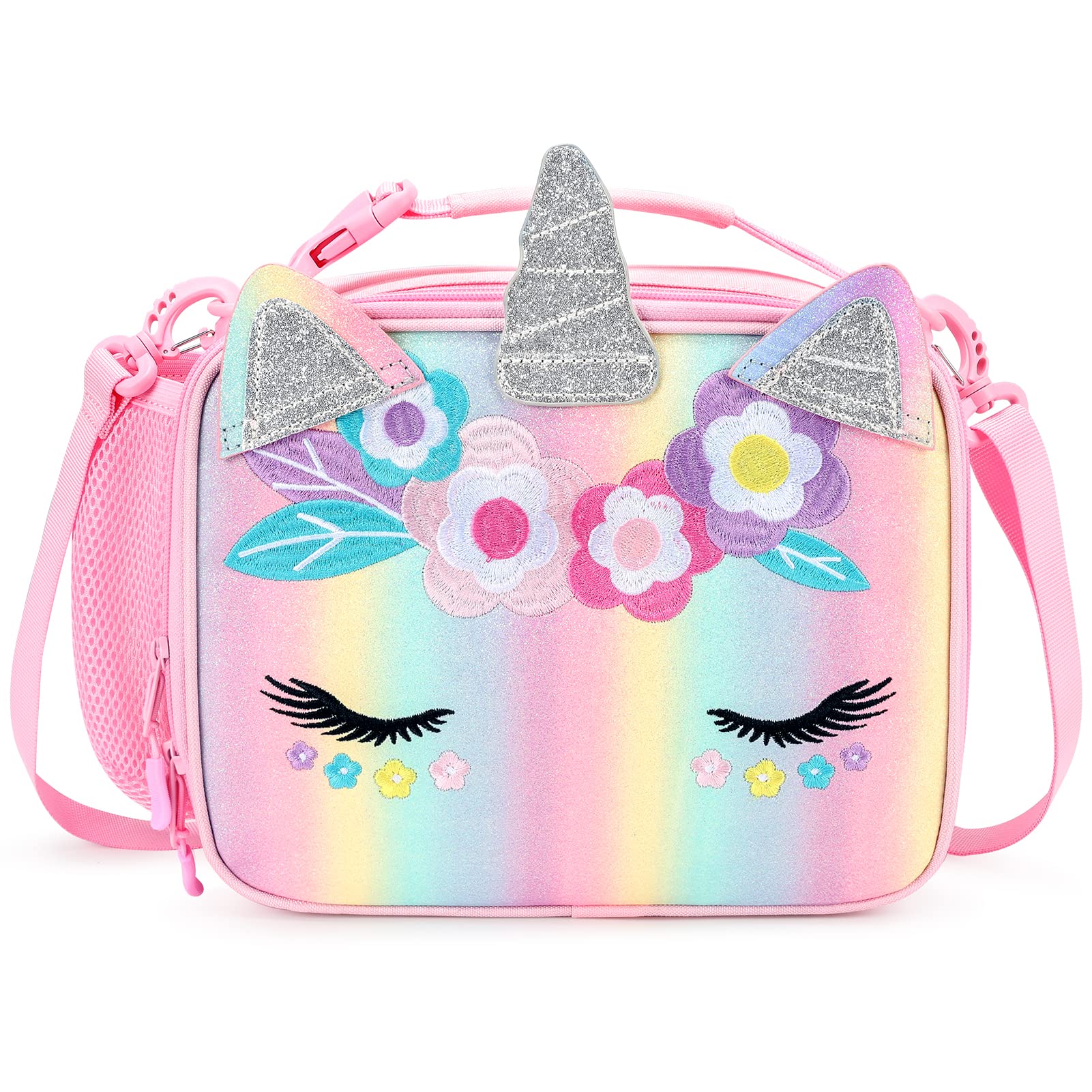 Mibasies Insulated Unicorn Lunch Bag for Kids - Pink Blue Rainbow Lunch Box with Water Bottle Holder & Adjustable Shoulder Strap - Perfect for School, Picnics & Outdoor Activities