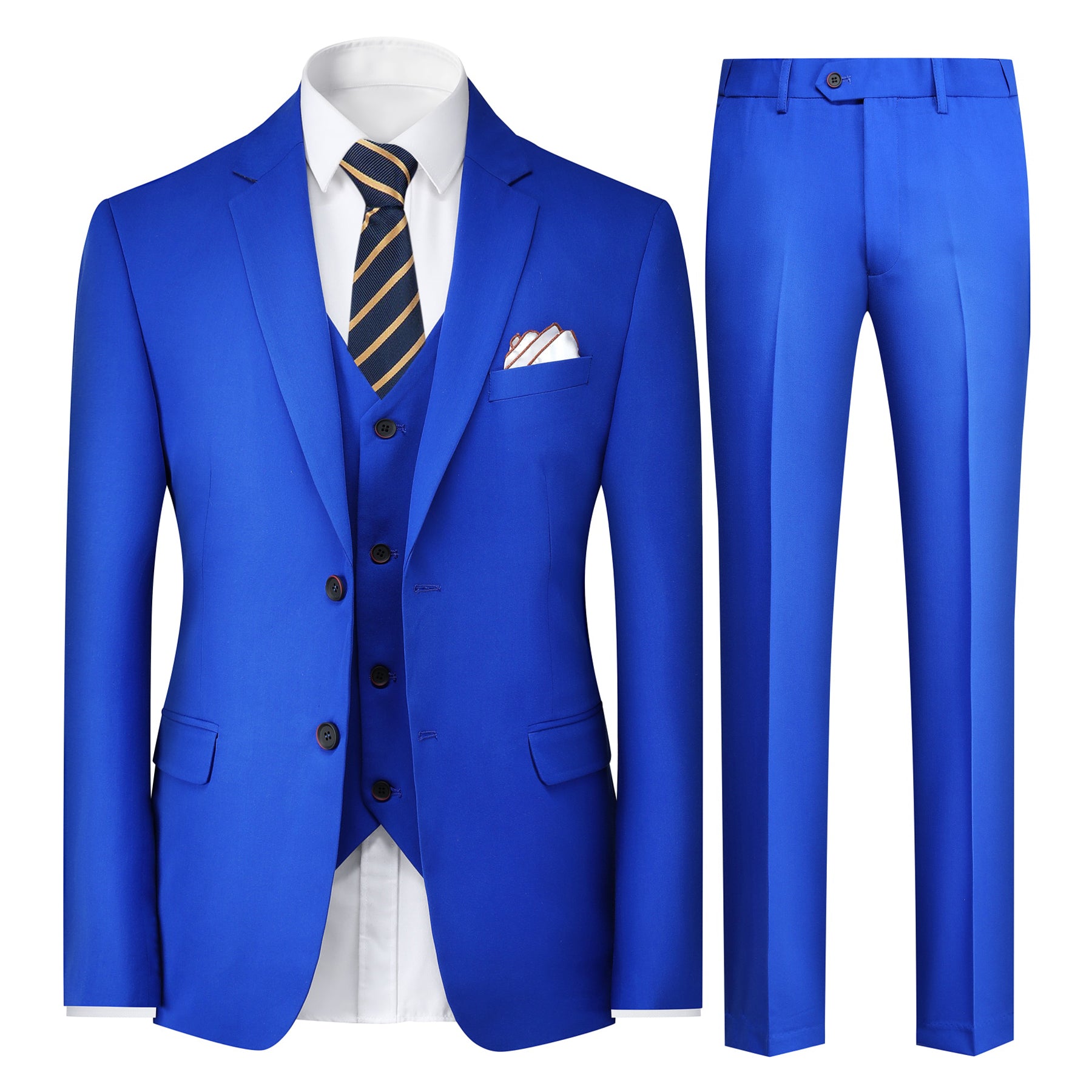 3 Piece Men's Solid 2 Button Suit Royal Blue - Formal Business Attire for Weddings, Office & Special Occasions