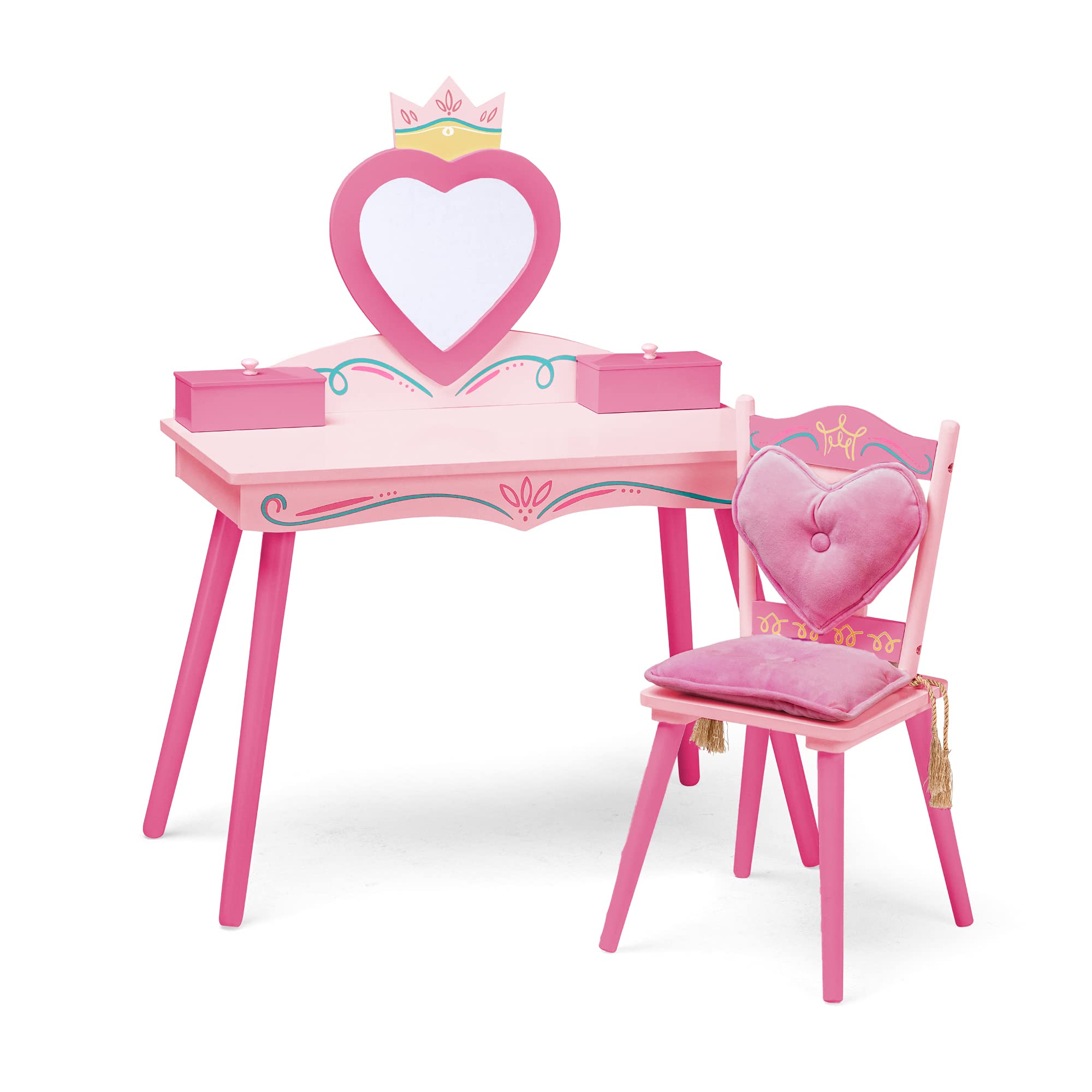 Wildkin Kids Princess Wooden Vanity and Chair Set for Girls - Pink Vanity with Mirror, Jewelry Box & Music Box, Includes Matching Chair with Removable Cushion | Perfect for Bedroom Decor, Birthday Gifts & Pretend Play