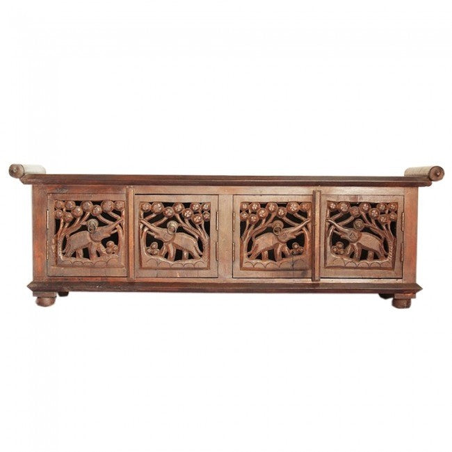 Hand Carved Elephant Jali Balinese Indian Plasma Brown Wooden Room Divider 150cm - Perfect for Home Decor, Living Room Partition & Boho Style Interior Design