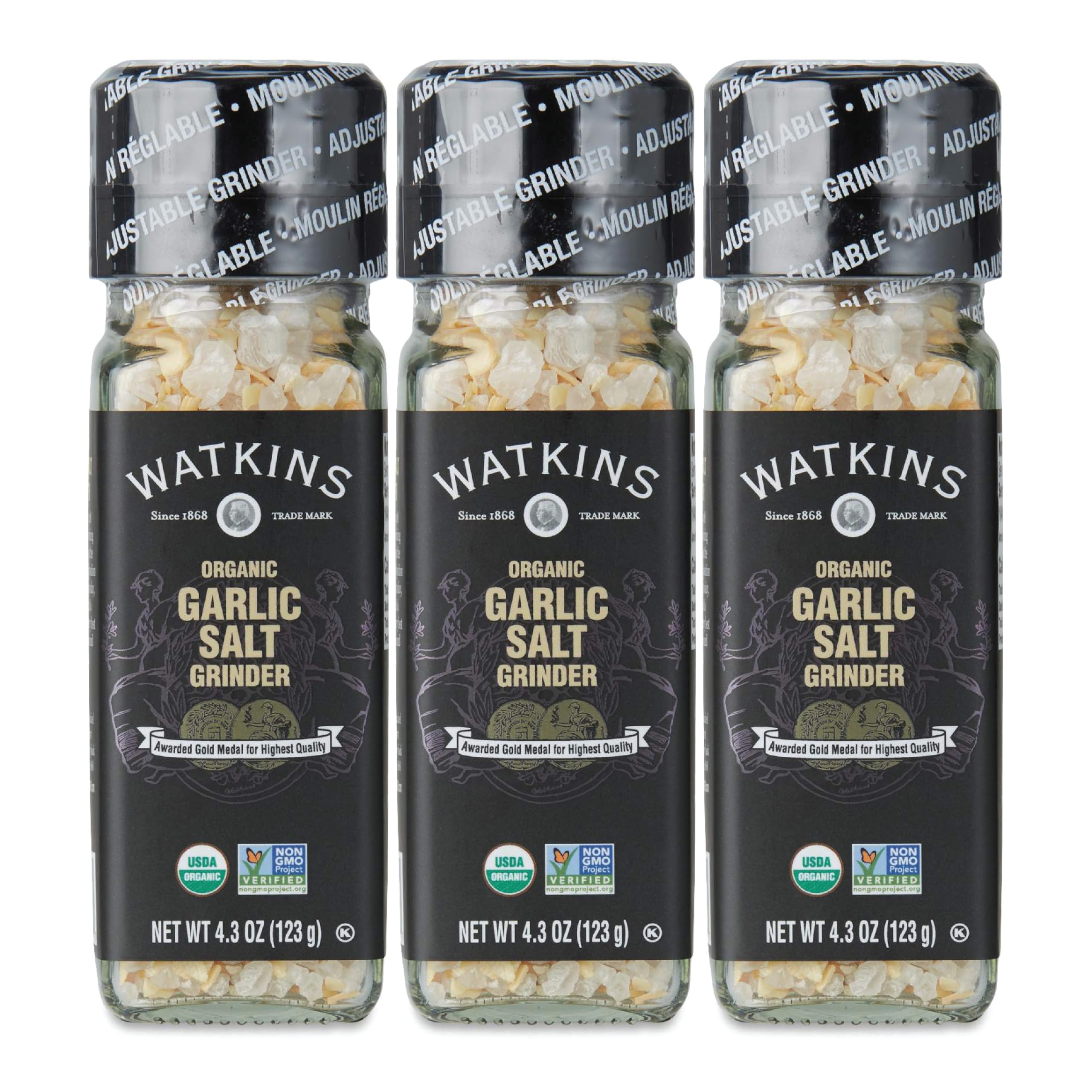 Organic Garlic Salt Grinder - Watkins 4.3oz (3-Pack) | All-Natural Seasoning for Cooking, Grilling & Meal Prep