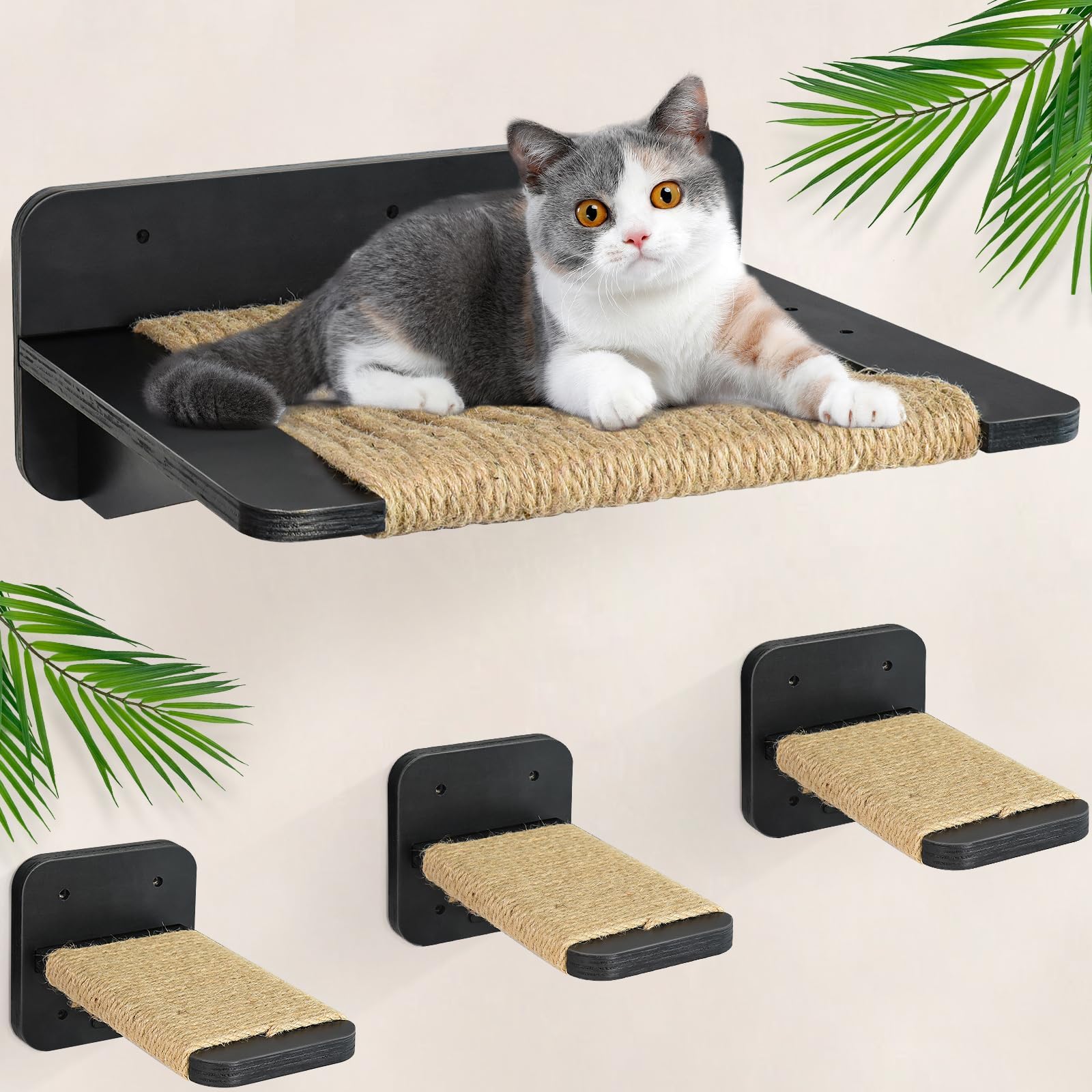 Premium Cat Wall Shelves & Hammock Set - 3-Tier Climbing Perches with Hemp Rope Scratching Posts | Wall-Mounted Cat Furniture for Indoor Cats | Perfect for Play, Rest & Vertical Space Exploration