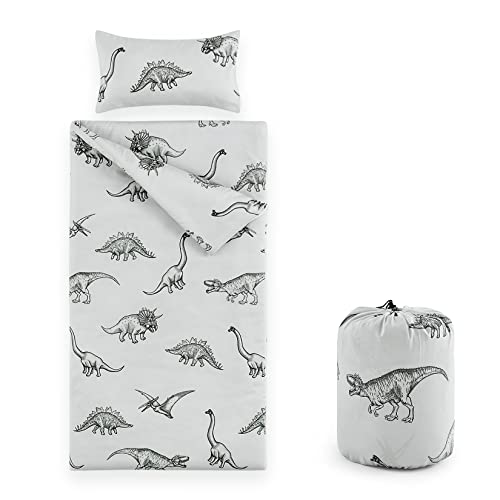 Wake In Cloud - Kids Sleeping Bag with Zipper, Nap Mat & Matching Pillow for Boys & Girls | Dinosaur Print Travel Slumber Bag for Sleepovers & Camping | 100% Soft Microfiber | Perfect for Indoor Sleepovers, Outdoor Adventures & Travel