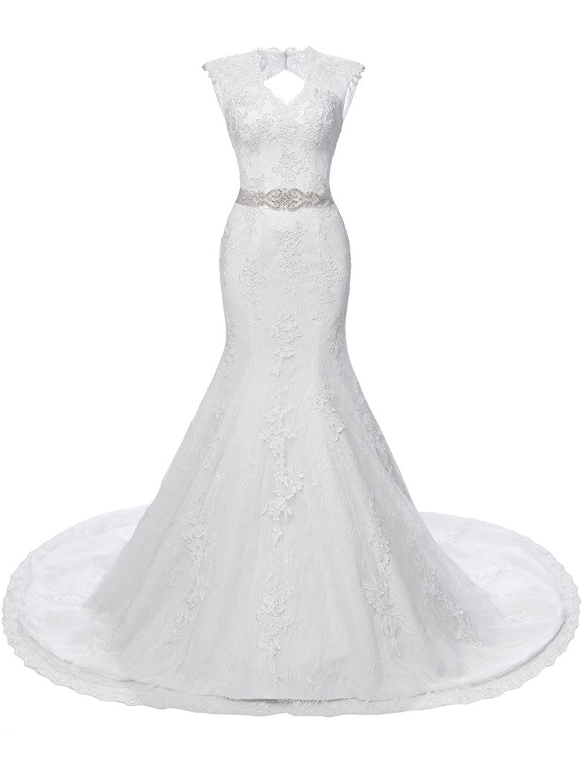 Elegant Lace Mermaid Wedding Dress with Belt & High Neck - Perfect for Brides | Ideal for Beach Weddings, Church Ceremonies, and Formal Receptions