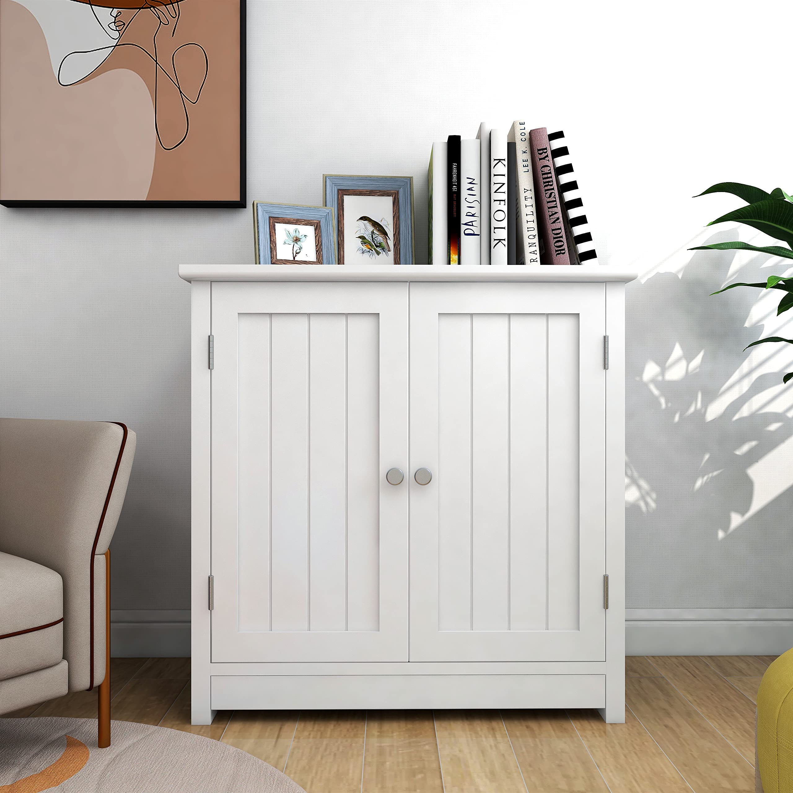 White Bathroom Floor Cabinet - Freestanding Storage Organizer with 2 Doors & Adjustable Shelf for Bathroom, Living Room, Bedroom - Perfect for Small Space Organization & Home Decor