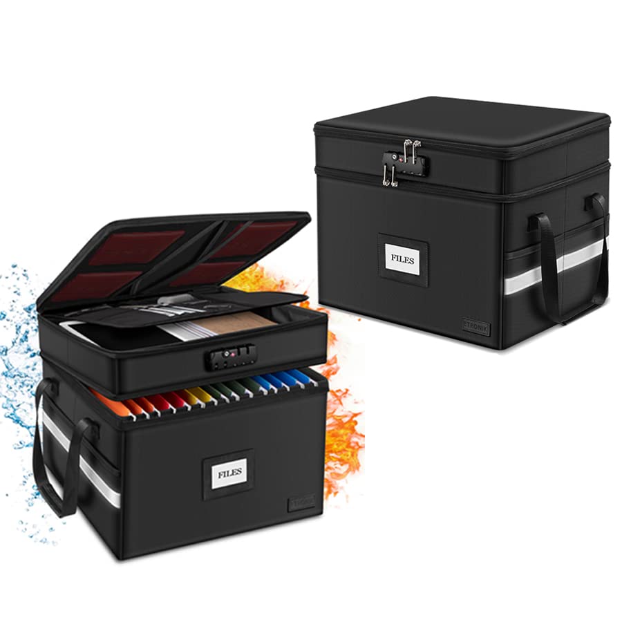 ETRONIK 2 Pack Fireproof Document Box with Lock - Waterproof File Storage Organizer for Home & Office - Portable Collapsible File Cabinet for Letter/Legal Size Folders, Certificates & Important Papers - Perfect for Document Protection, Office Organization & Emergency Preparedness