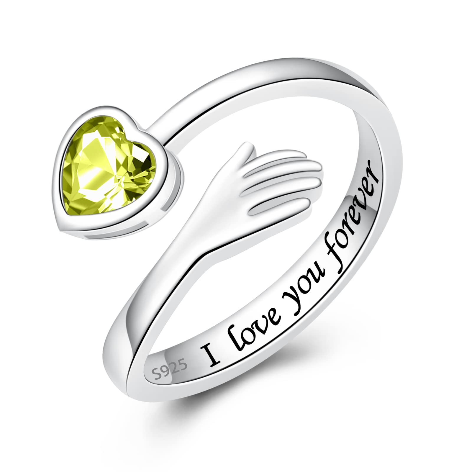 925 Sterling Silver Hug Ring for Women & Teen Girls - Adjustable I Love You Ring with 12 Birthstones & CZ - Perfect Mother's Day, Birthday & Holiday Gift - Great for Everyday Wear, Date Nights & Special Occasions