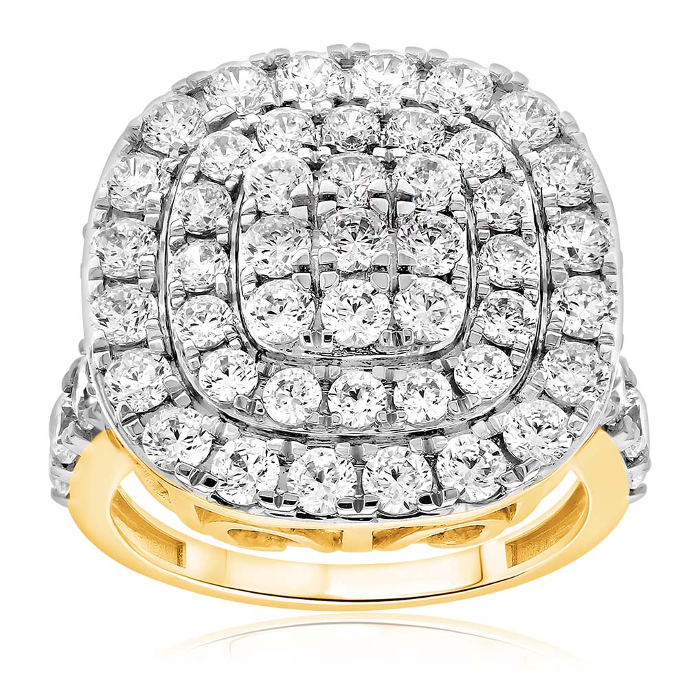 9ct Yellow Gold 4 Carat Diamond Cushion Cluster Ring for Women | Elegant Engagement, Wedding & Anniversary Jewelry Gift | Perfect for Proposals, Bridal Sets & Special Occasions